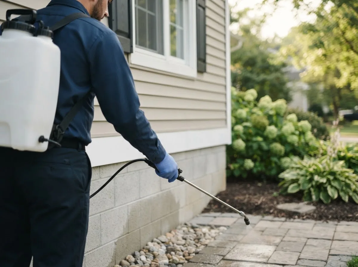 Pest control technician inspecting a home in Mcfall, MO